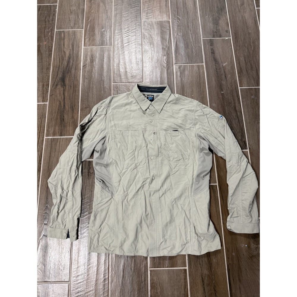 Kuhl Shirt Men L Tan Invoke Nylon Pockets Roll Tab Hiking Collar Button Vented
